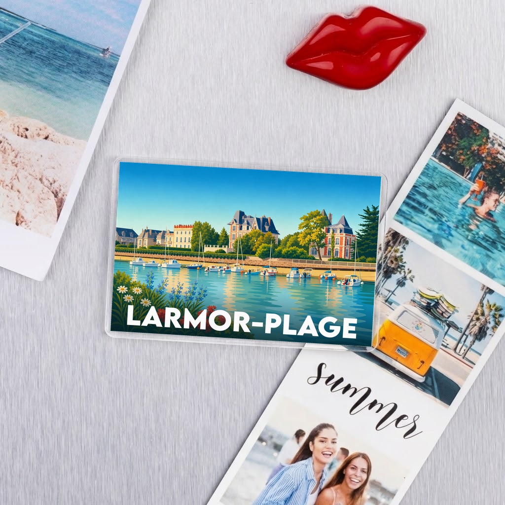 Magnet souvenir de la ville de Larmor-Plage avec une illustration de son front de mer.