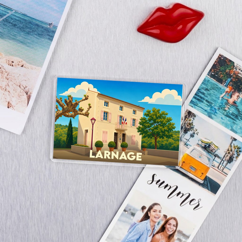 Magnet souvenir de la ville de Larnage avec une illustration stylisée de sa mairie.