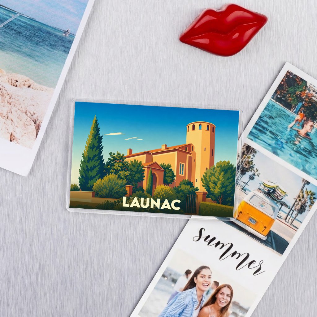 Magnet souvenir de la ville de Launac avec une illustration stylisée de son château.