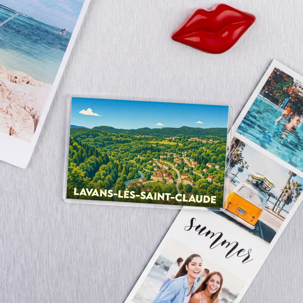 Magnet souvenir de la ville de Lavans-lès-Saint-Claude avec une illustration de ses paysages verdoyants.