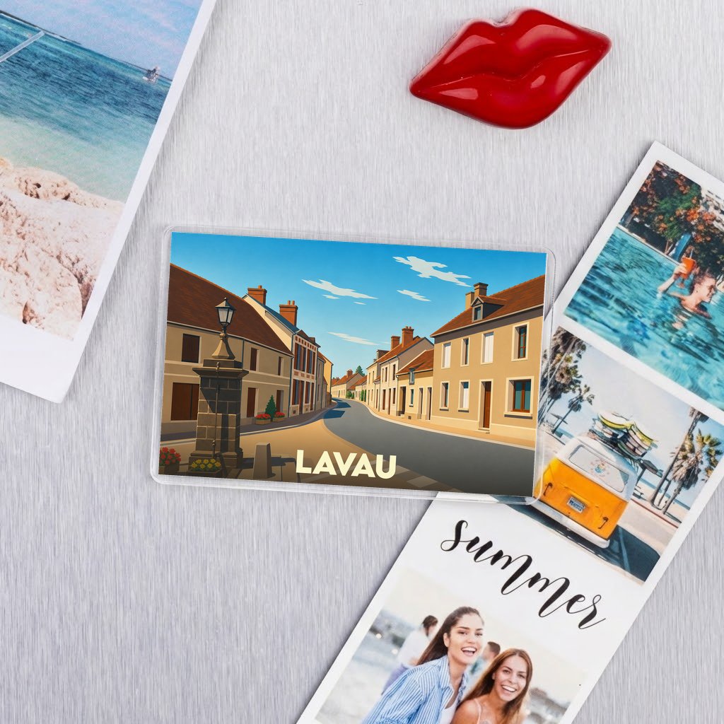 Magnet souvenir de la ville de Lavau avec une illustration stylisée.