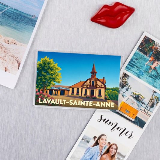 Magnet souvenir de la ville de Lavault-Sainte-Anne avec une illustration stylisée de sa mairie.
