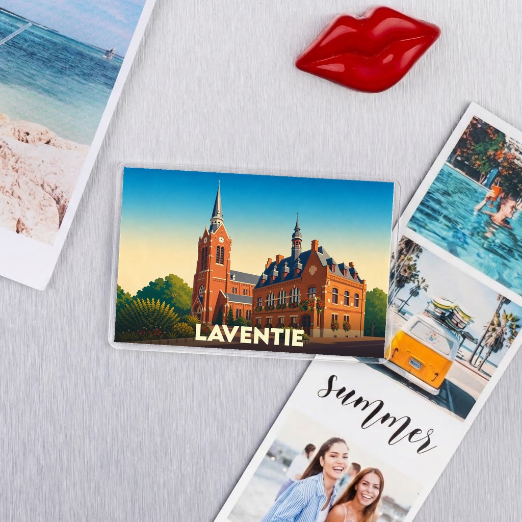 Magnet souvenir de la ville de Laventie avec une illustration stylisée de son architecture.