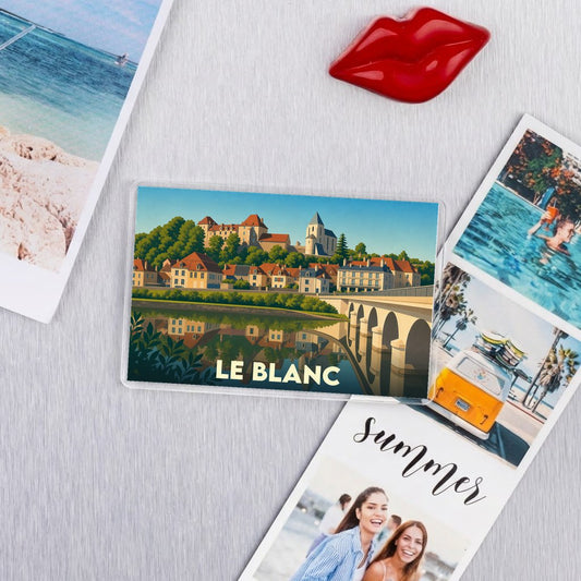 Magnet souvenir de la ville du Blanc avec une illustration stylisée.