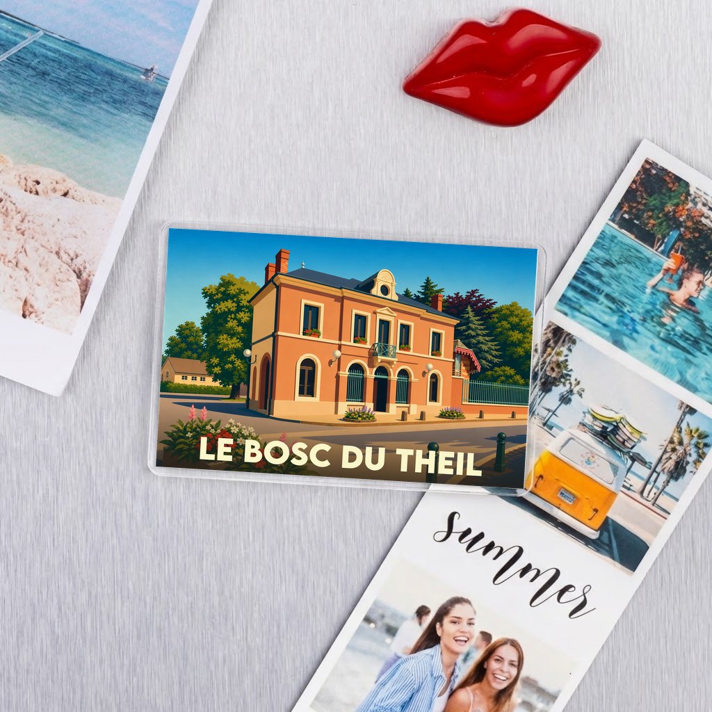Magnet souvenir de la ville de Le Bosc du Theil avec une illustration colorée d'un bâtiment historique.