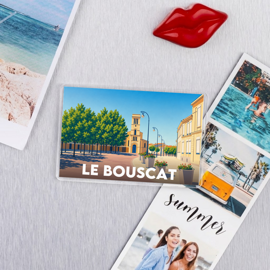 Magnet souvenir de la ville de Le Bouscat avec une illustration stylisée.