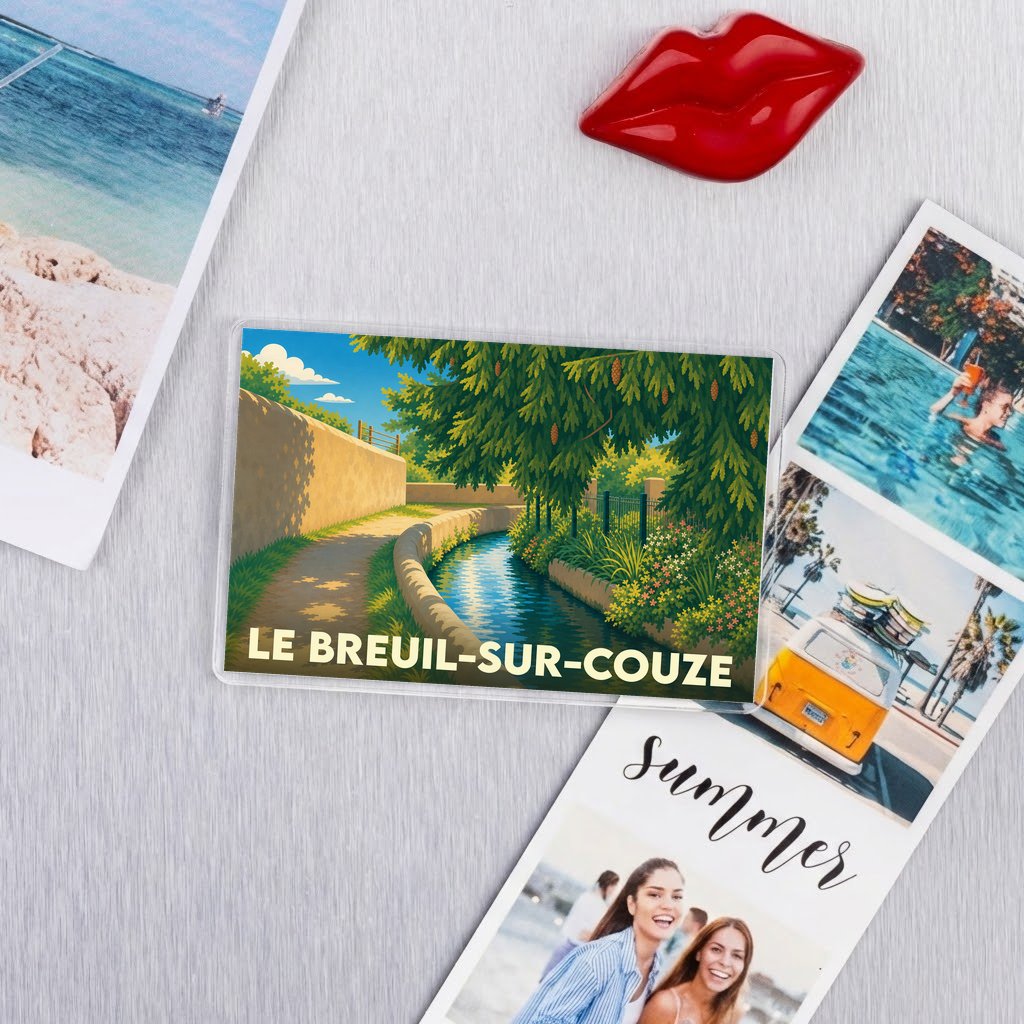 Magnet souvenir de la ville de Le Breuil-sur-Couze avec une illustration stylisée d'un cours d'eau ombragé.