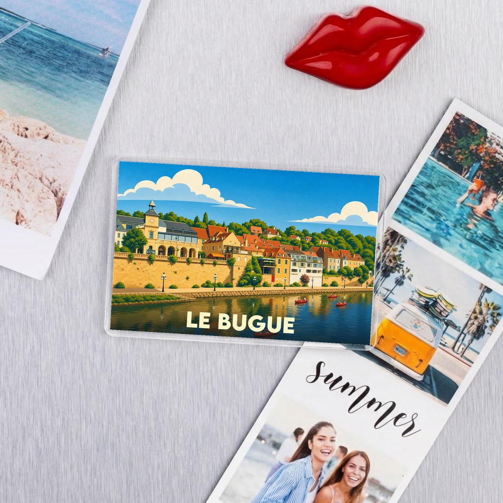 Magnet souvenir de la ville de Le Bugue avec une illustration stylisée d'un paysage fluvial.