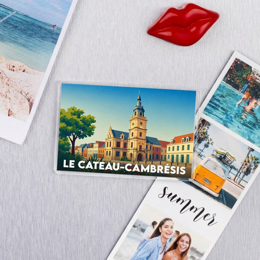 Magnet souvenir de la ville de Le Cateau-Cambrésis avec une illustration stylisée de son hôtel de ville.