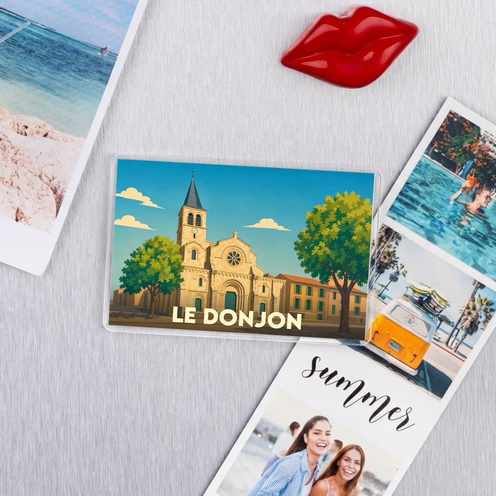Magnet rectangulaire souvenir de la ville de Le Donjon avec une illustration stylisée.