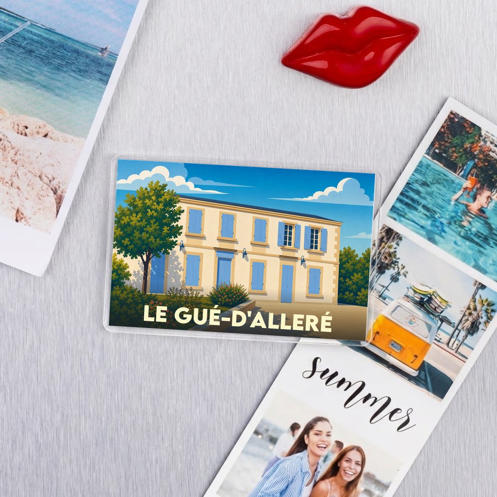 Magnet souvenir de la ville de Le Gué-d'Alleré avec une illustration stylisée.