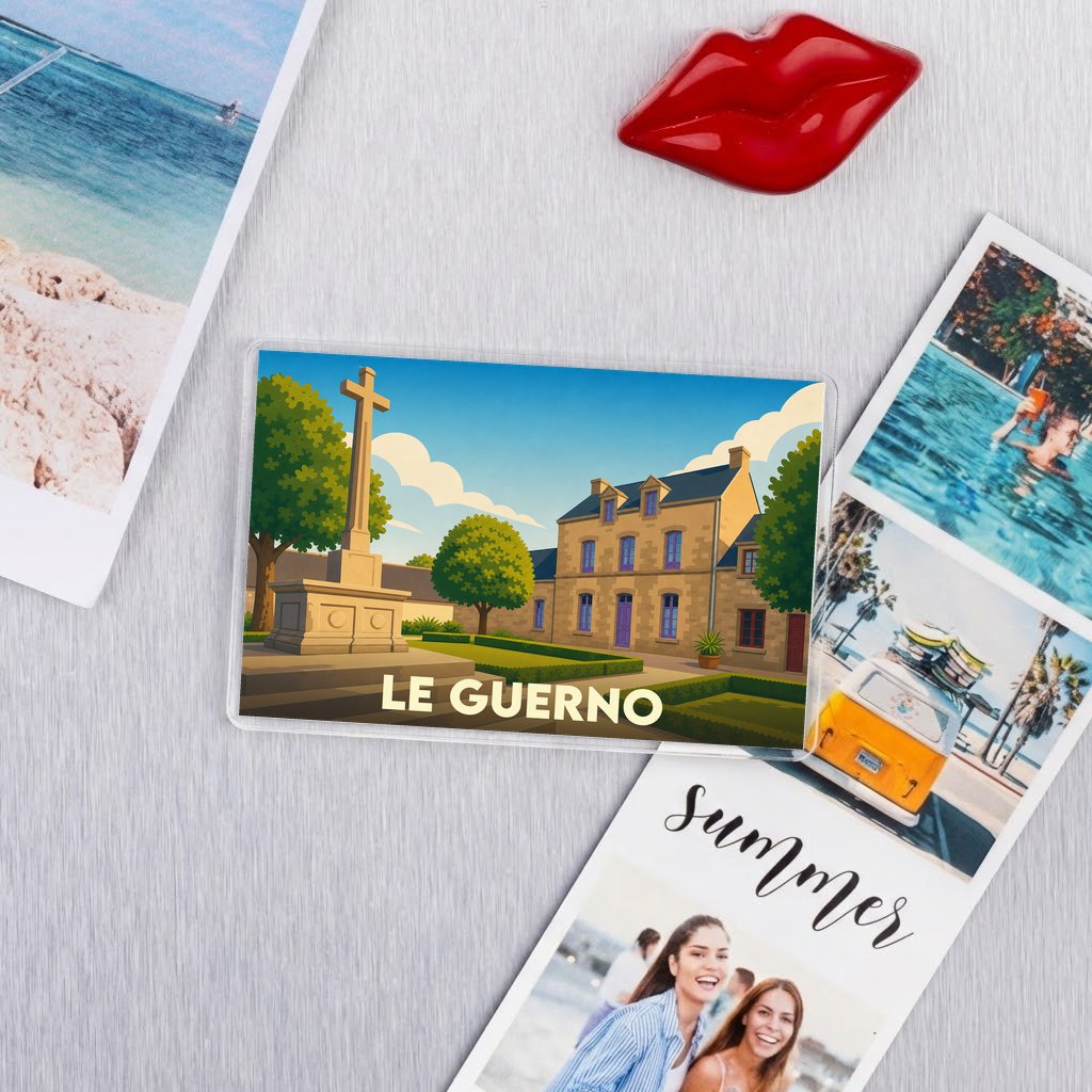 Magnet souvenir de la ville du Guerno avec une illustration stylisée.
