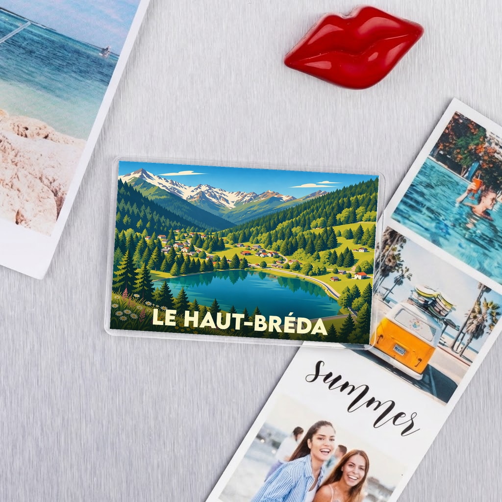 Magnet souvenir de la ville du Haut-Bréda avec une illustration de paysage de montagne.