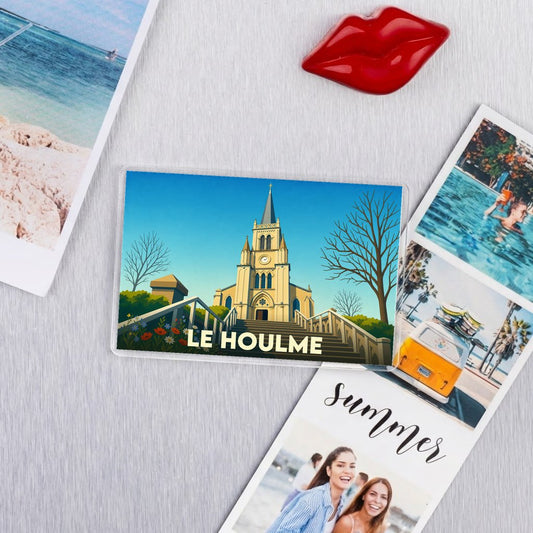 Magnet souvenir de la ville de Le Houlme avec une illustration stylisée de son église.
