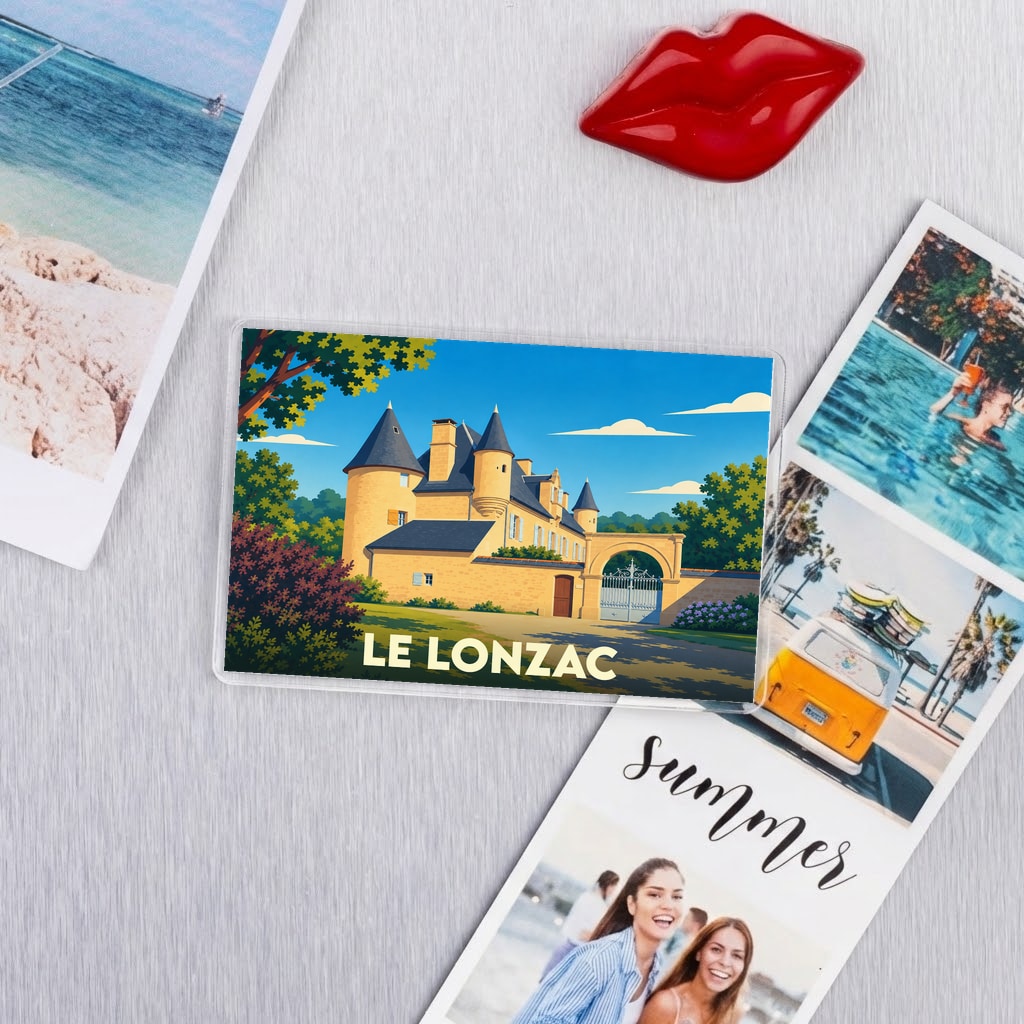 Magnet souvenir de la ville du Lonzac avec une illustration stylisée de son château.