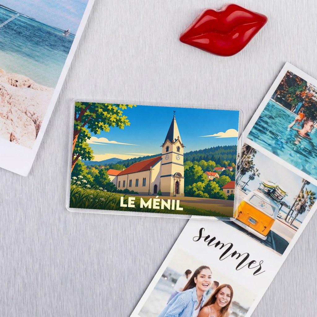 Magnet souvenir de la ville de Le Ménil avec une illustration stylisée d'une église de montagne.