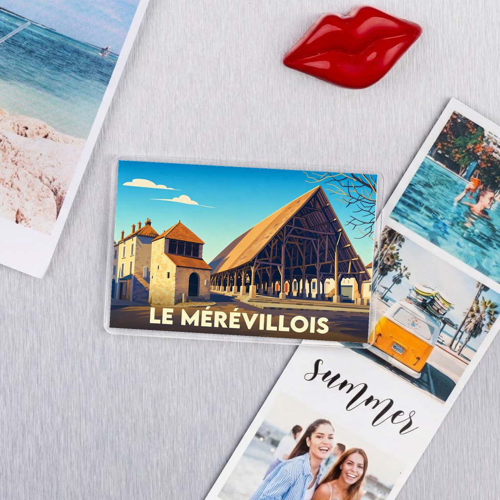 Magnet souvenir de la ville de Le Mérévillois avec une illustration stylisée.