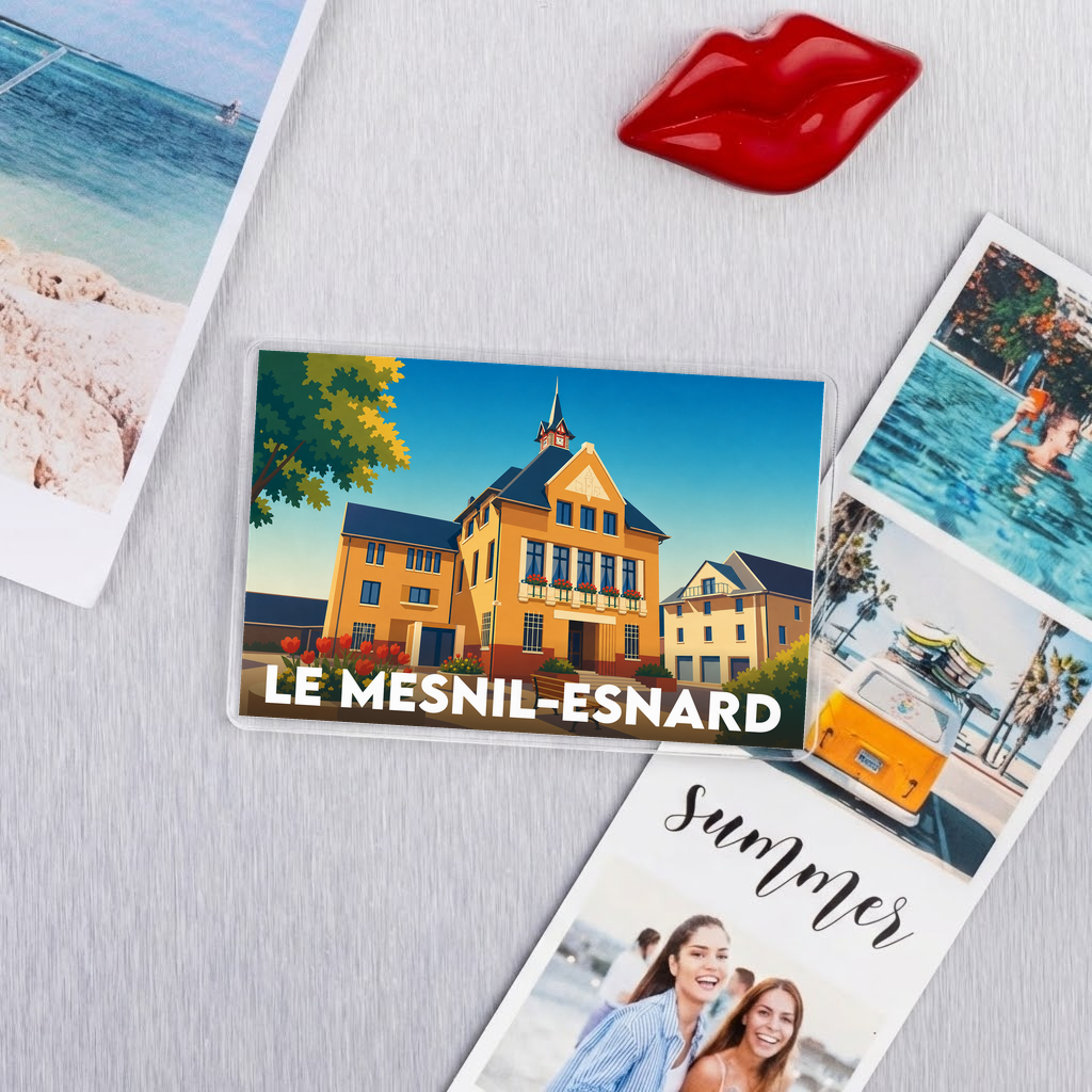 Magnet souvenir de la ville de Le Mesnil-Esnard avec une illustration stylisée de son architecture.