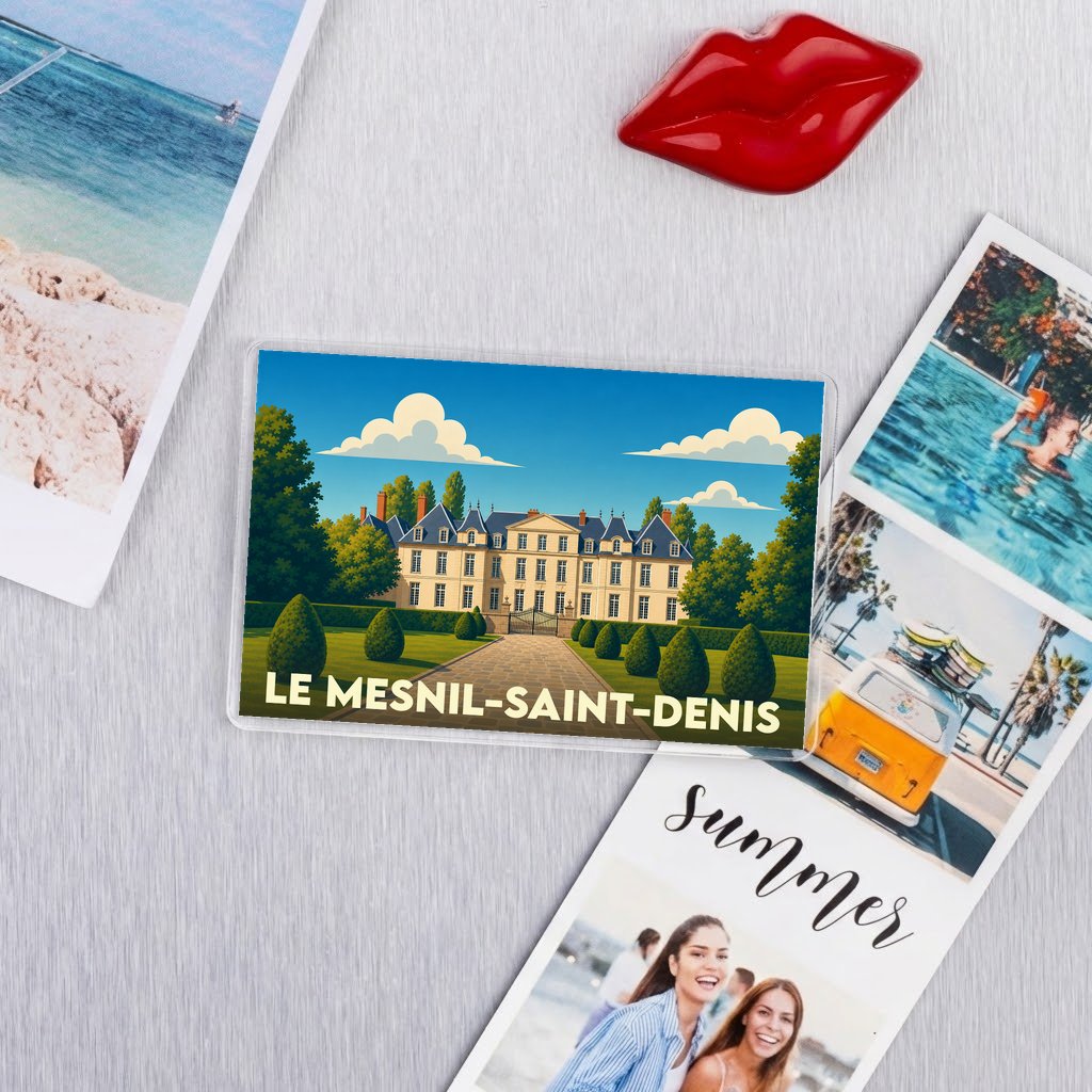 Magnet souvenir de la ville de Le Mesnil-Saint-Denis avec une illustration stylisée de son château.