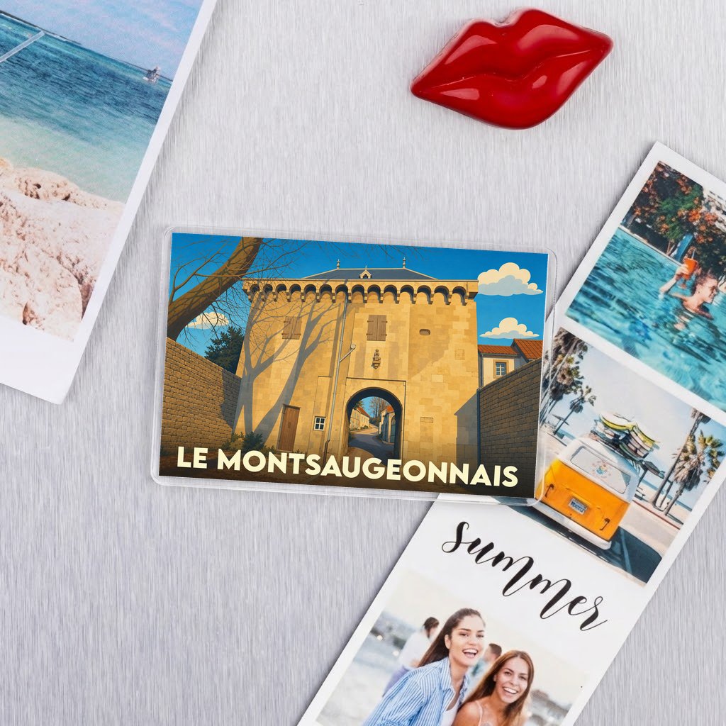 Magnet souvenir de la ville de Le Montsaugeonnais avec une illustration stylisée.