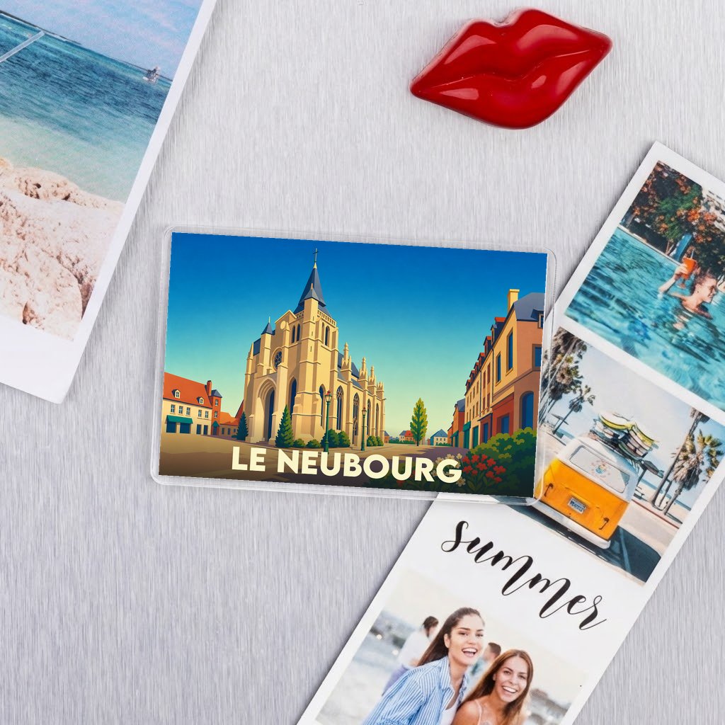 Magnet souvenir de la ville de Le Neubourg avec une illustration stylisée de son église et de ses rues.