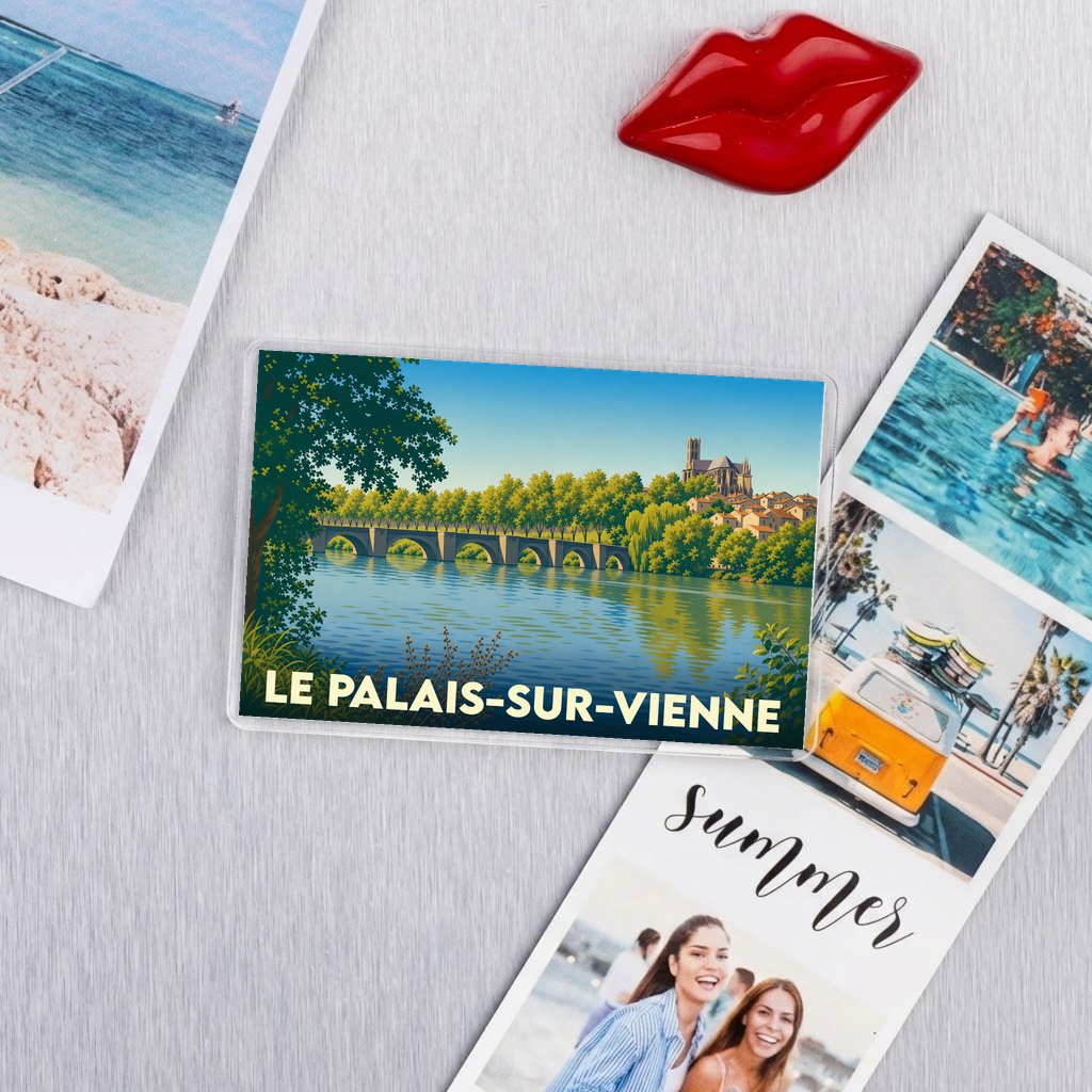 Magnet souvenir de la ville de Le Palais-sur-Vienne avec une illustration stylisée.