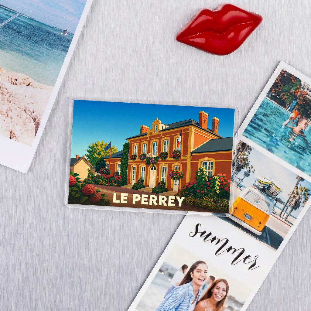 Magnet souvenir de la ville de Le Perrey avec une illustration stylisée.