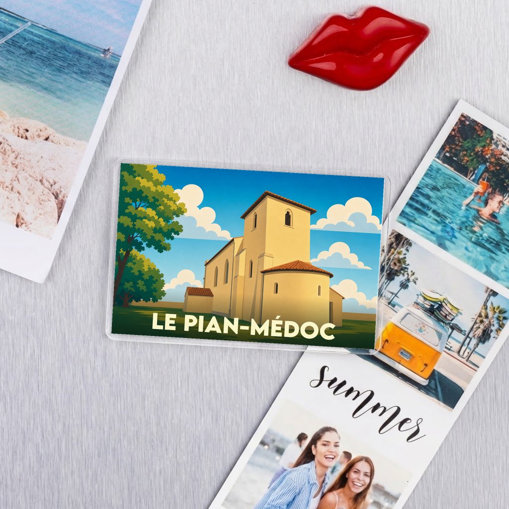Magnet souvenir de la ville de Le Pian-Médoc avec une illustration stylisée de son église.