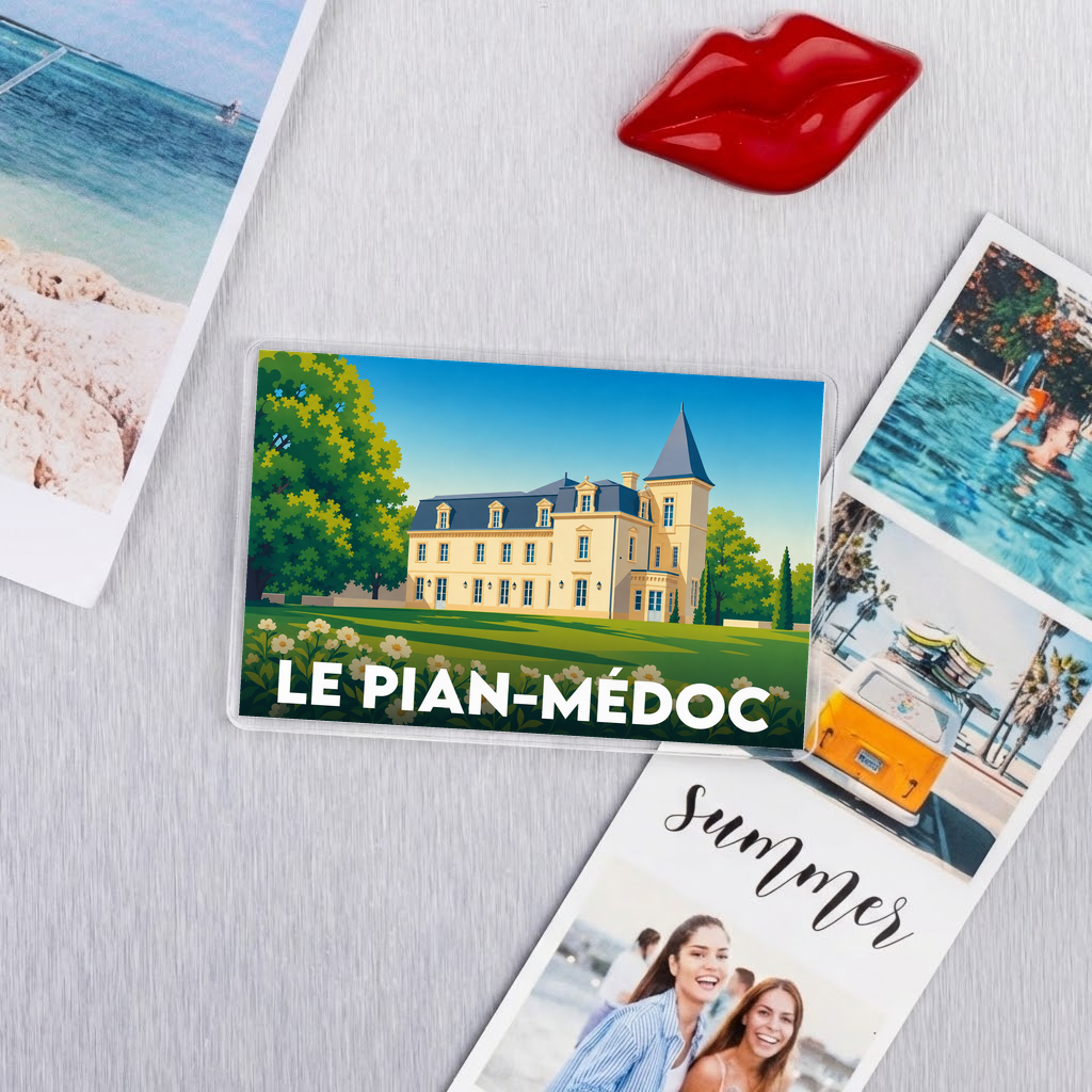 Magnet souvenir de la ville de Le Pian-Médoc avec une illustration stylisée d'un château.
