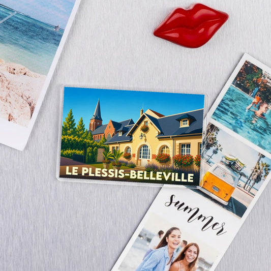 Magnet souvenir de la ville de Le Plessis-Belleville avec une illustration colorée de ses bâtiments emblématiques.
