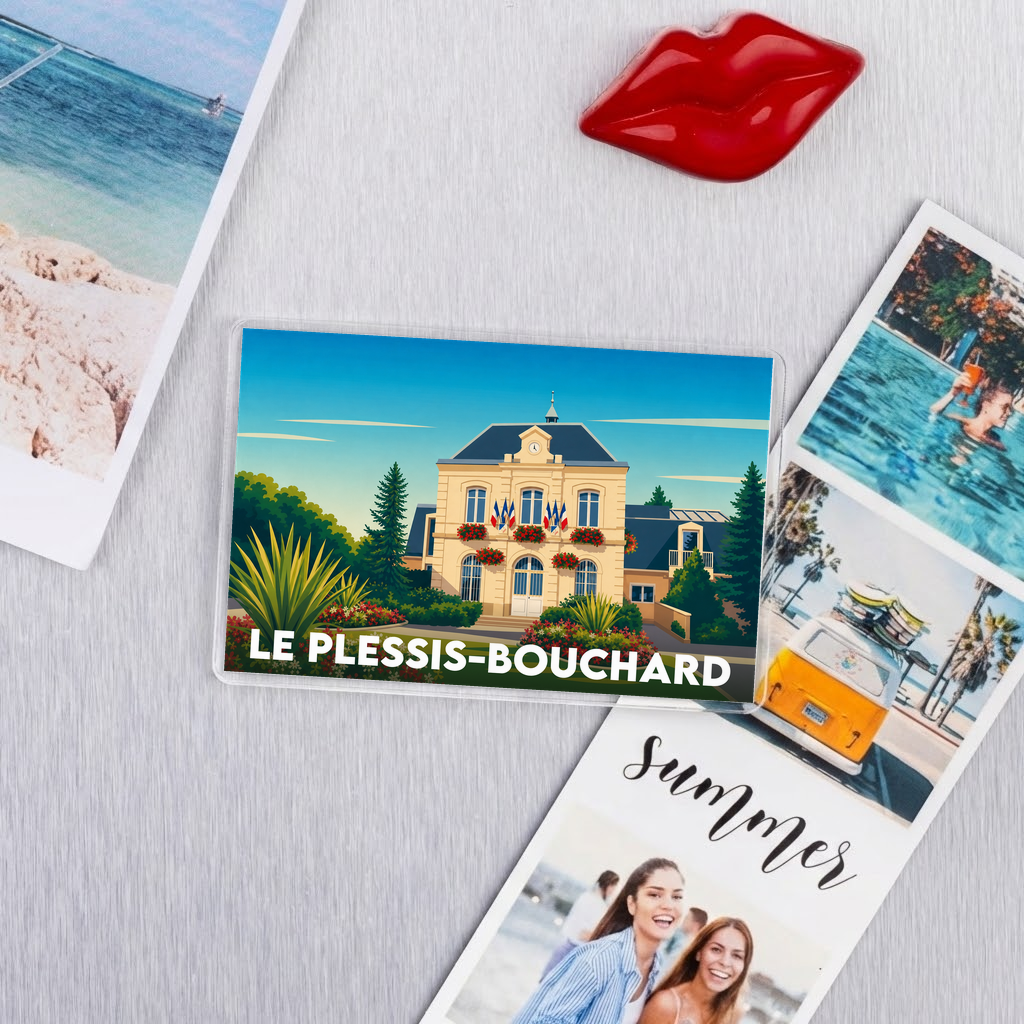 Magnet souvenir de la ville de Le Plessis-Bouchard avec une illustration stylisée de sa mairie.