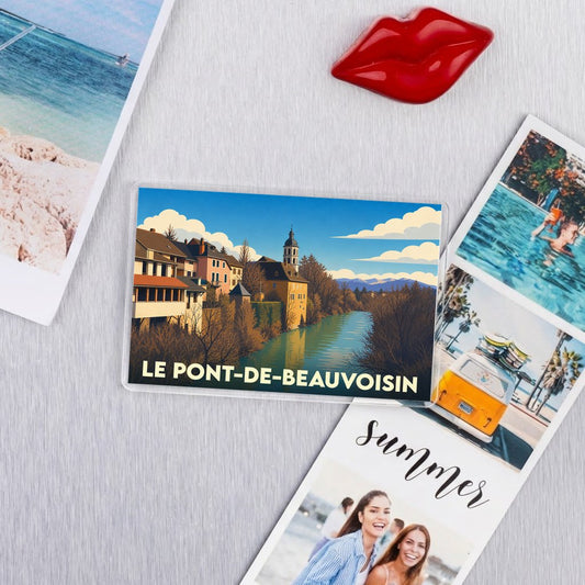 Magnet souvenir de la ville de Le Pont-de-Beauvoisin avec une illustration stylisée.