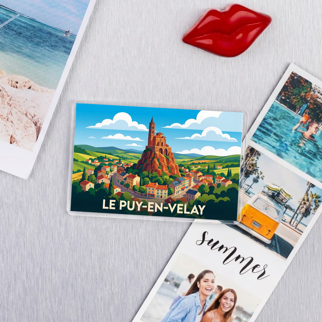 Magnet souvenir de la ville de Le Puy-en-Velay avec une illustration stylisée.