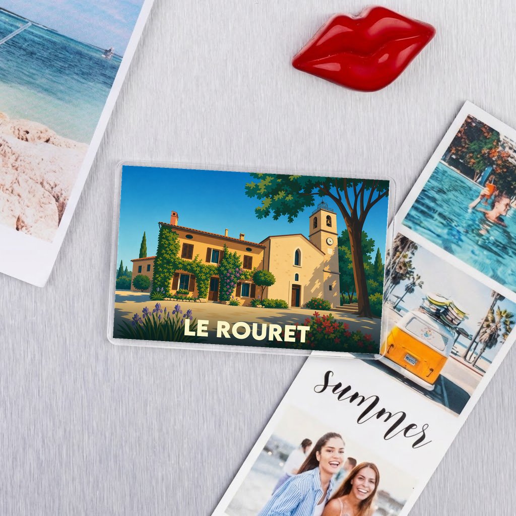 Magnet souvenir de la ville de Le Rouret avec une illustration stylisée.