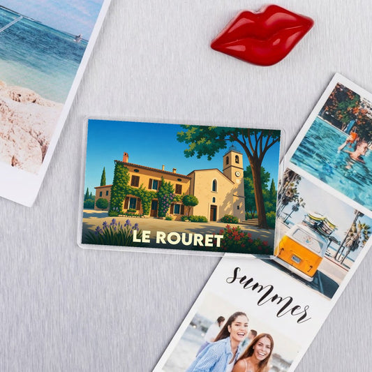 Magnet souvenir de la ville de Le Rouret avec une illustration stylisée.