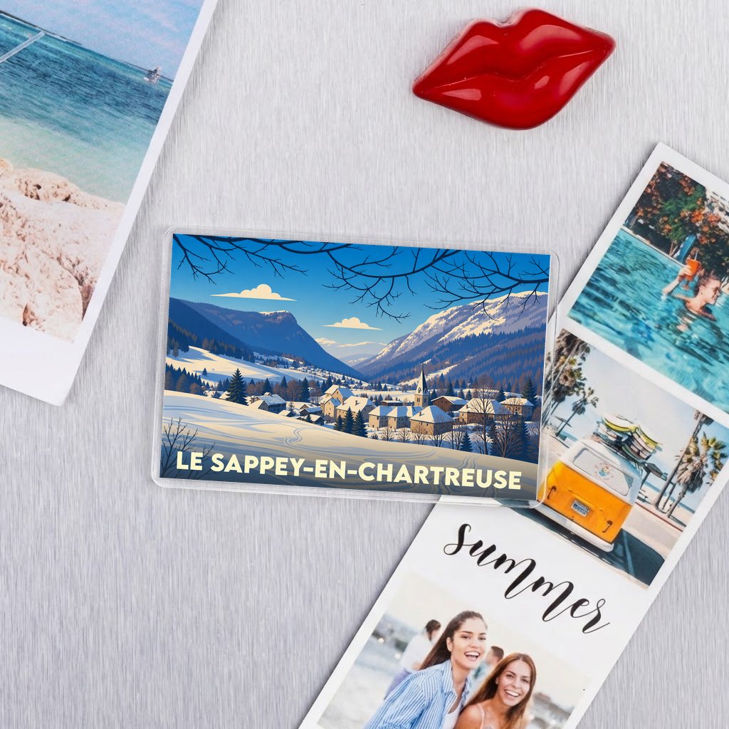 Magnet souvenir de la ville du Sappey-en-Chartreuse avec une illustration hivernale stylisée.