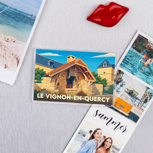 Magnet souvenir de la ville de Le Vignon-en-Quercy avec une illustration stylisée d'un ancien four à pain.