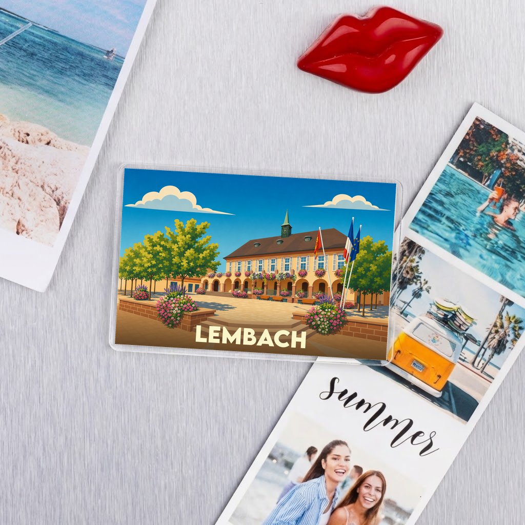 Magnet souvenir de la ville de Lembach avec une illustration stylisée.
