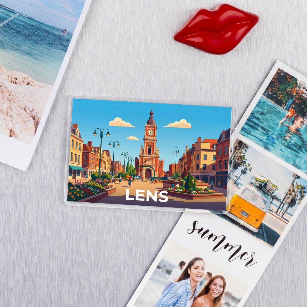 Magnet souvenir de la ville de Lens avec une illustration stylisée de son centre-ville.