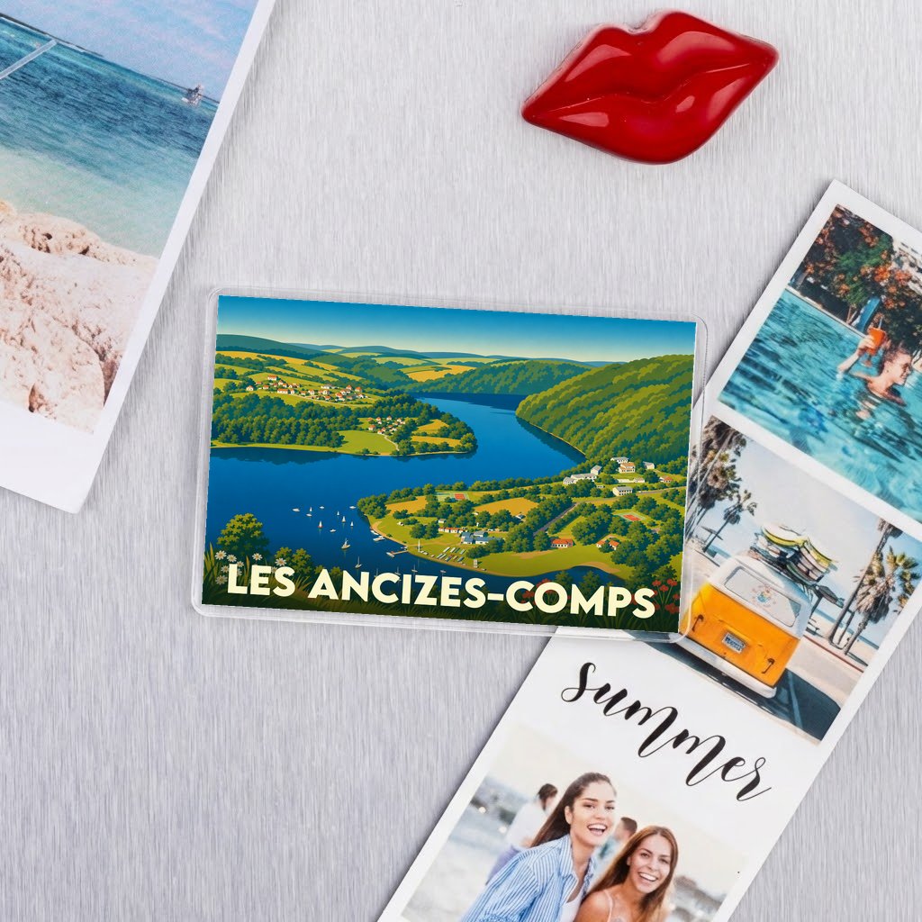Magnet souvenir de la ville de Les Ancizes-Comps avec une illustration stylisée d'un lac entouré de collines verdoyantes.