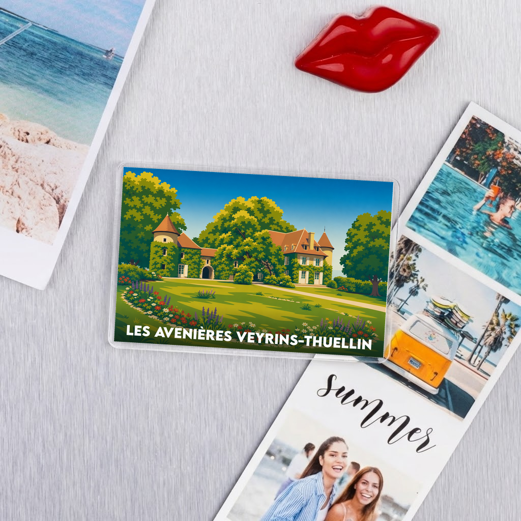 Magnet souvenir de la ville de Les Avenières Veyrins-Thuellin avec une illustration stylisée d'un château entouré de verdure.