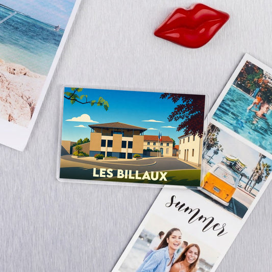Magnet souvenir de la ville de Les Billaux avec une illustration stylisée.