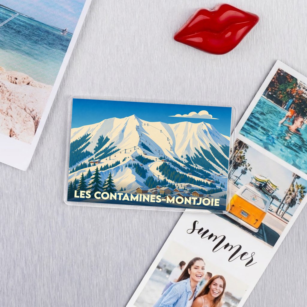 Magnet souvenir de la ville de Les Contamines-Montjoie avec une illustration stylisée de montagne.