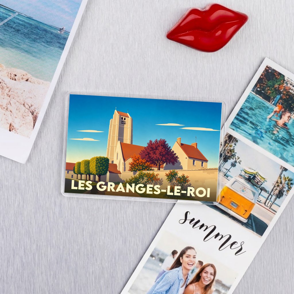 Magnet souvenir de la ville de Les Granges-le-Roi avec une illustration stylisée de son église.