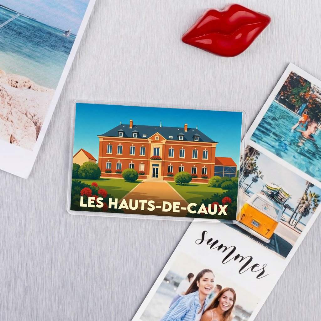 Magnet souvenir de la ville de Les Hauts-de-Caux avec une illustration stylisée d'une grande demeure bourgeoise.