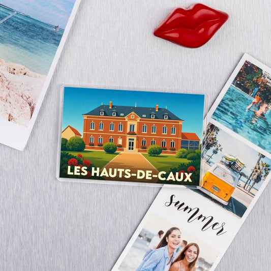 Magnet souvenir de la ville de Les Hauts-de-Caux avec une illustration stylisée d'une grande demeure bourgeoise.
