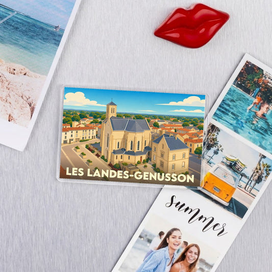 Magnet souvenir de la ville de Les Landes-Genusson avec une illustration stylisée.