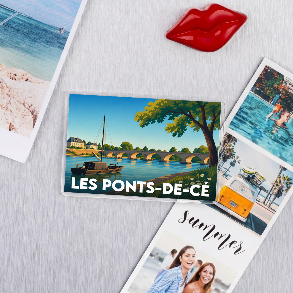 Magnet souvenir de la ville de Les Ponts-de-Cé avec une illustration stylisée.