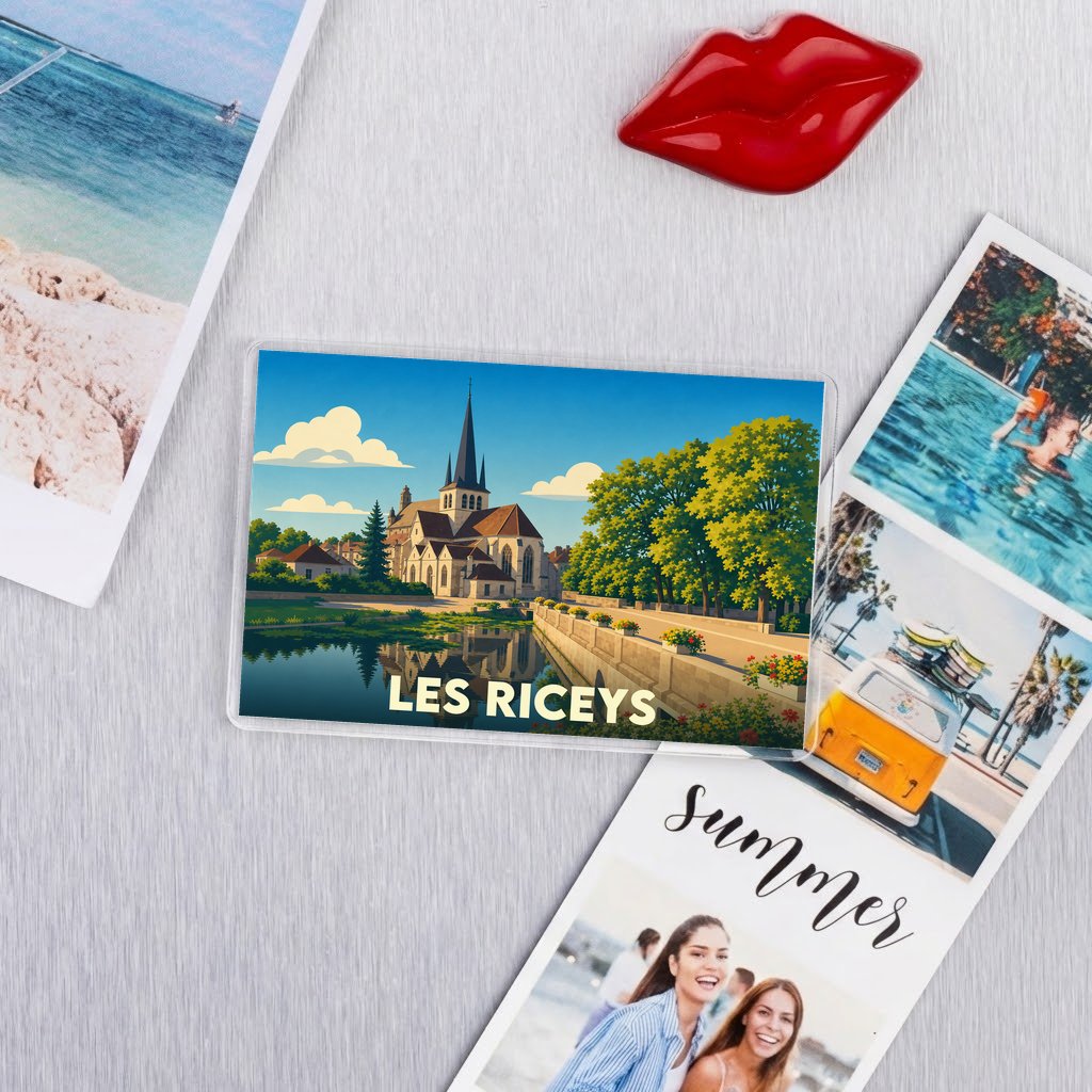 Magnet souvenir de la ville de Les Riceys avec une illustration stylisée.