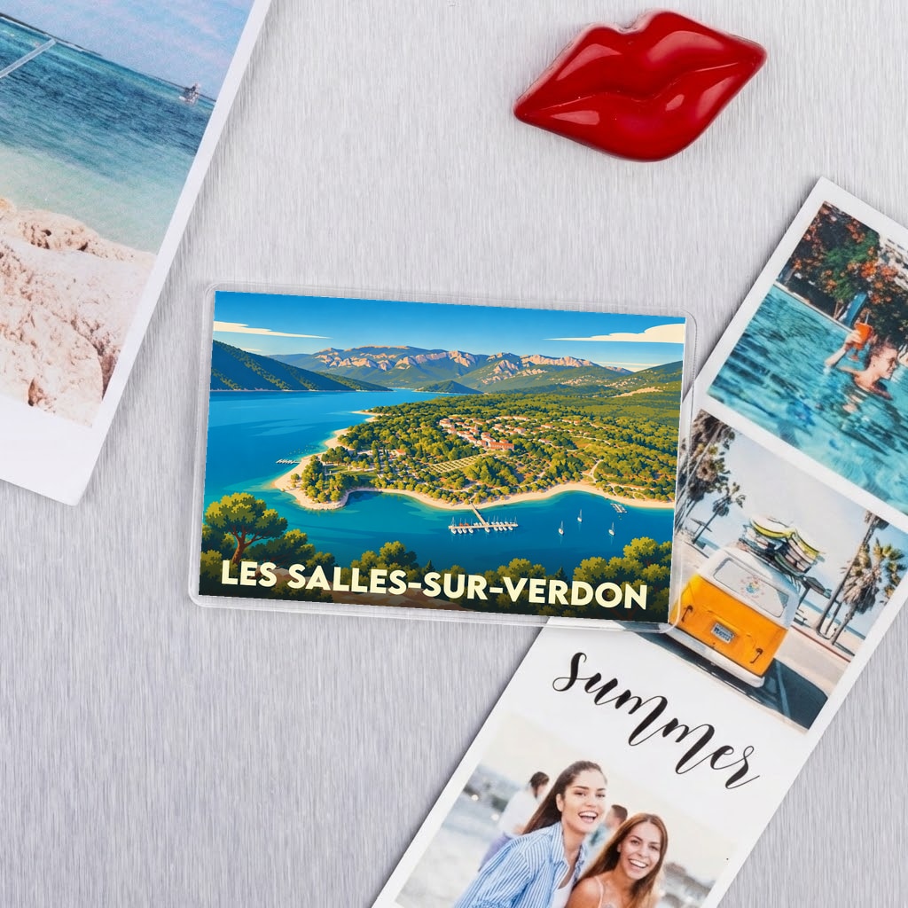 Magnet souvenir de la ville de Les Salles-sur-Verdon avec une illustration stylisée d'un lac de montagne.